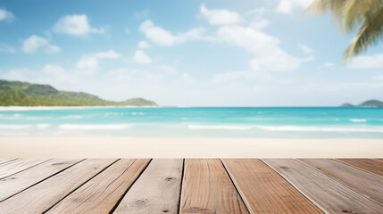 Fototapeta premium Wood table top and blurred summer beach and sky background.