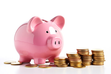 piggy bank with coin on the table. money.