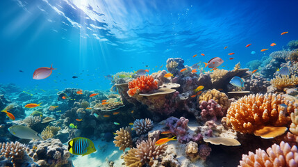 Obraz premium Underwater view of a colorful sea coral reef with fishes. Underwater