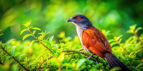 Coucal Bird in Bush, Miniature Tilt-Shift Photography, Wildlife Nature Scene, Bird Photography, Asian Coucal, Rainforest Bird