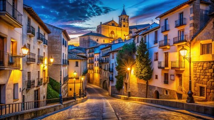 Fototapeta premium Cuenca Night Photography: Spanish World Heritage City Streetscapes, Illuminated Architecture, Night Cityscapes, Historic Buildings, Dark Night, City Lights