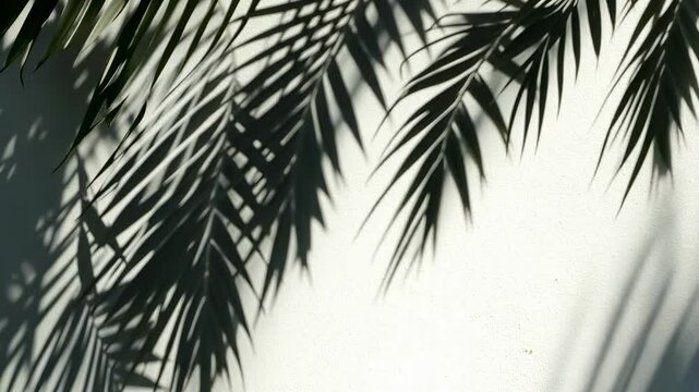Top-down video angle capturing palm leaf shadows on a white wall, creating a serene, tropical atmosphere with soft, natural lighting.