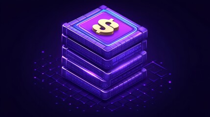 Abstract Digital Wealth Concept Stacked Cubes with Glowing Dollar Sign
