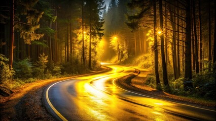 Dark Forest Road, Yellow Light, Night Photography, Low Light, Woods Path, Mystical Scene, Autumn Road, Night Drive, Lonely Road