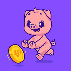 Cute pig chasing golden coin happily on ground vector illustration © SikucingCreative