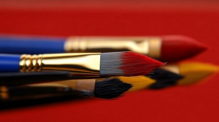 Fototapeta premium Closeup Paintbrushes In Red Background