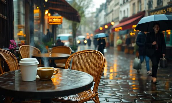 Cozy caf? scene in a rainy street, featuring coffee and umbrellas