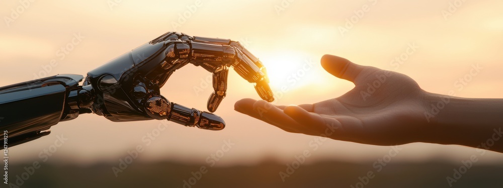 Poster human and robot hands reaching out to each other in a symbolic gesture of connection and collaborati