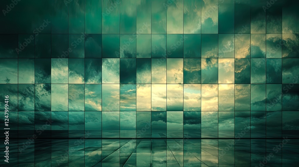 Poster abstract cloudy sky reflected on tiled floor.