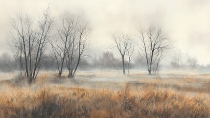 Fototapeta premium Misty Meadow: A Serene Winter Landscape Painting