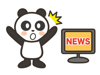 テレビのニュースを見て驚くかわいいパンダのイラスト