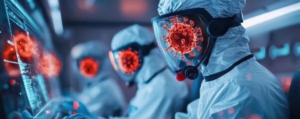 Scientists study virus particles in advanced protective gear.
