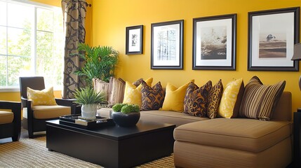 Yellow Living Room Design: Modern Interior with Brown Sofa, Black Coffee Table, and Framed Wall Art Decor