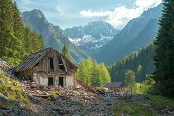 Collapsed houses and debris after the earthquake