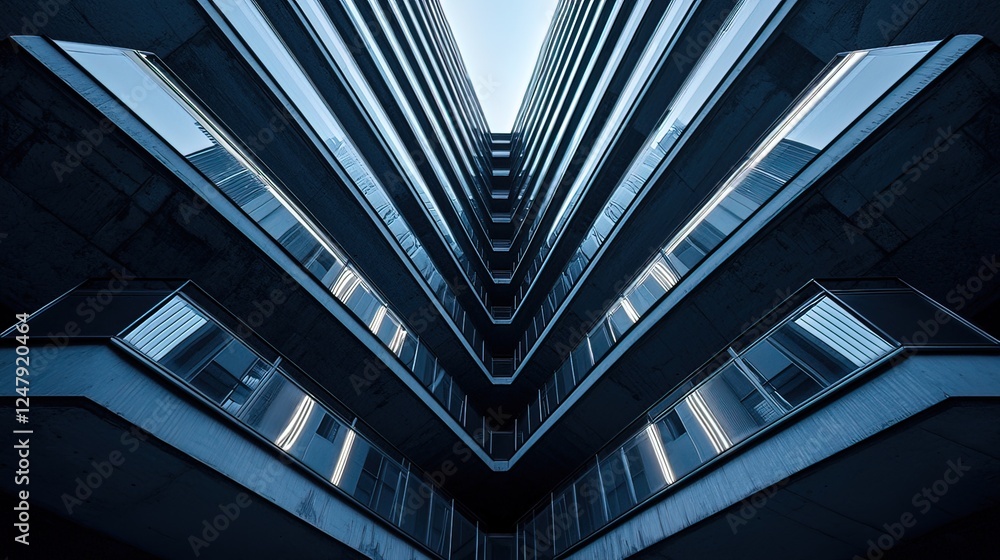 Poster low-angle view of a modern building's symmetrical facade with multiple floors and balconies.