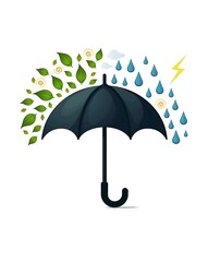 A flat black umbrella icon illustrating both wind and rain effects on a white background.