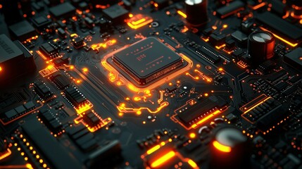 Glowing CPU on circuit board, technology background (4)