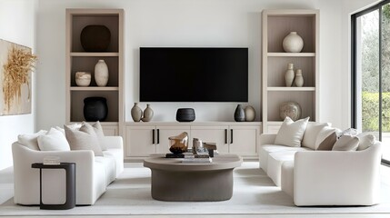 Neutral Living Room Design: Modern Interior with White Sofas, Built-in Shelves, TV, and Round Coffee Table for Elegant Home Decor Ideas