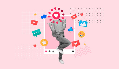 Teenager with heart emoji head surrounded by social media icons, Teenagers addicted to smartphone and social network, Contemporary art collage, Pink background