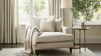 Fototapeta premium Neutral Living Room Decor: Cream Armchair, Throw Blanket, & Natural Light by Window