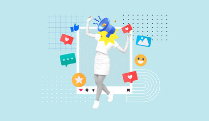 A woman with her face covered with a megaphone, Full-body photo posted on a social media frame, surrounded by social media icons, Influencer, Interacting with followers, Contemporary art collage