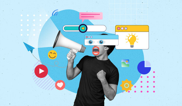 Modern communication concept, Young man with megaphone and social media symbols, Social media influencer, Digital content creator, Online Marketing, Contemporary art collage, Blue paper background