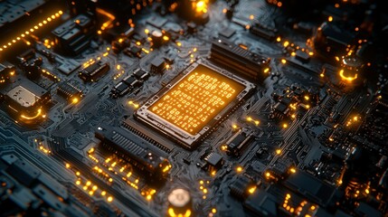 Obraz premium Glowing CPU on motherboard, data processing, technology