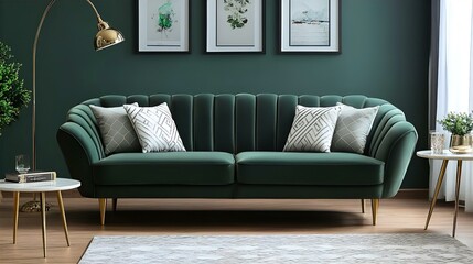 Emerald Green Velvet Sofa in Modern Living Room: Stylish Couch with Gold Legs and Decorative Pillows, Interior Design Inspiration