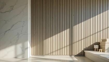 Sunlight Illuminating Wooden Slat Wall, Marble Surface, and Seating Area