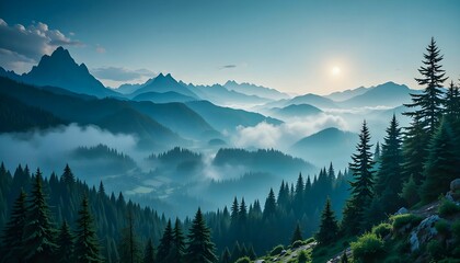 Fototapeta premium Early Morning Light Illuminating Layered Mountains, Engulfed in Mist, with Evergreen Trees in Foreground