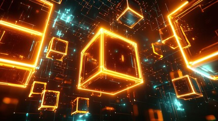 Glowing Cubes in Digital Network; Abstract Background