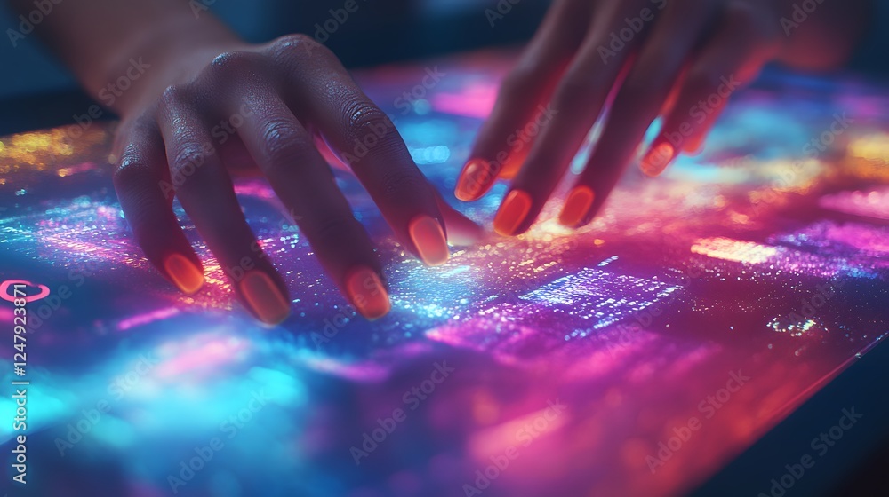 Poster dynamic user interaction close-up of hands using digital tablet for creative tasks and exploring vib