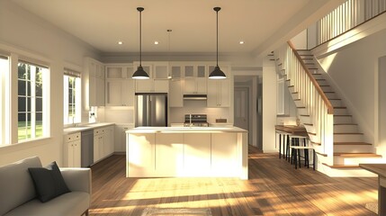 Bright & Airy Modern Kitchen Design: White Cabinets, Island, Hardwood Floors, Staircase, and Natural Light Interior Design Rendering