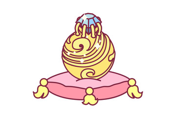 vector golden orb with gemstone on pillow. Fairy tale clip art isolated on transparent background.