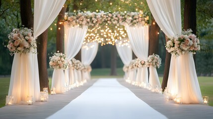 A beautifully decorated wedding aisle adorned with flowers, draped fabric, and fairy lights, creating an enchanting atmosphere for the ceremony.