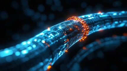 Glowing digital fiber optic cable, data transfer, dark background, technology concept