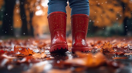 A child's feet in red rain boots are walking through a pile of vibrant autumn leaves in a park, enjoying the crisp air and colorful scenery.