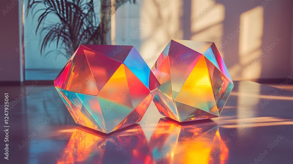 Poster dual polyhedra arranged on a reflective table illu 59cfba76-f797-4520-bc27-6262d28c7f0f 3 with color
