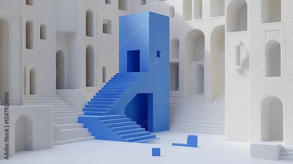 Poster abstract blue staircase structure in minimalist architectural setting