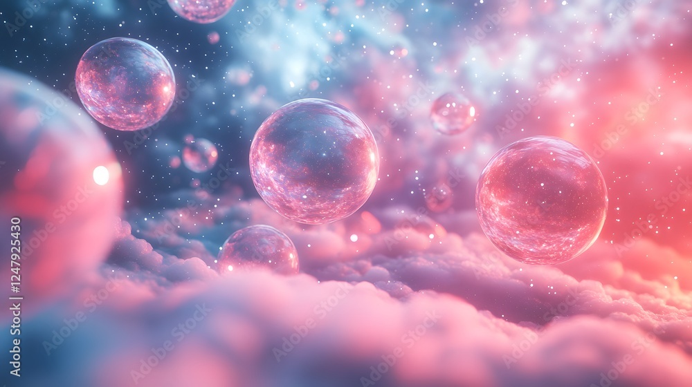 Poster dreamlike space environments surreal space environ with floating bubbles in a mystical colorful atmo