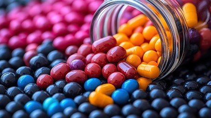 A close up view photo image of a glass jar with someone pouring out different colorful multicolored capsules, isolated on a white background.