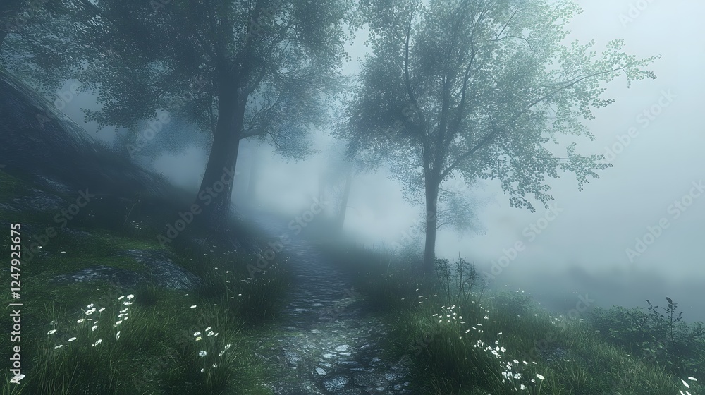 Poster dreamlike a foggy forest path with soft light filtering through trees creating an enchanting mystica