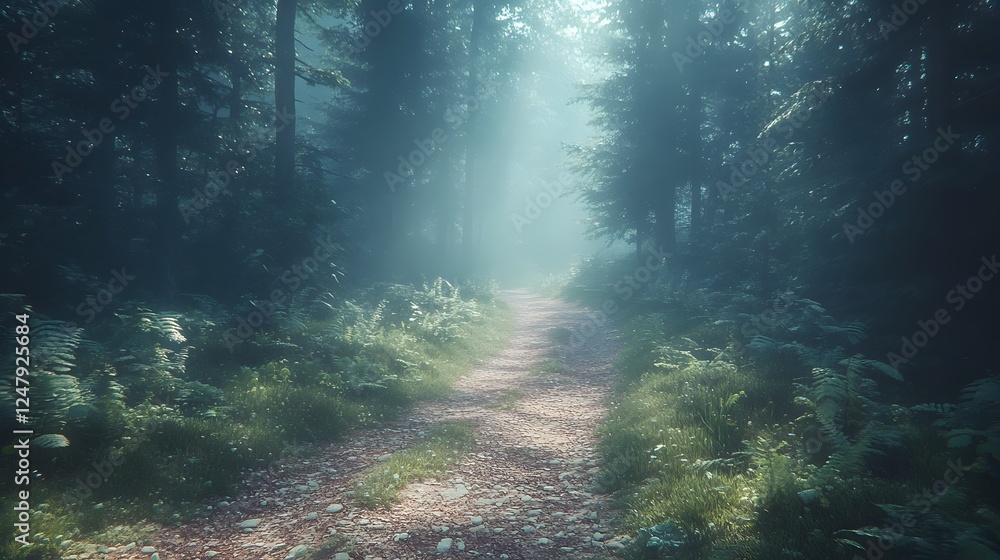 Poster dreamlike a foggy forest path with soft light filtering through the trees creating an ethereal atmos