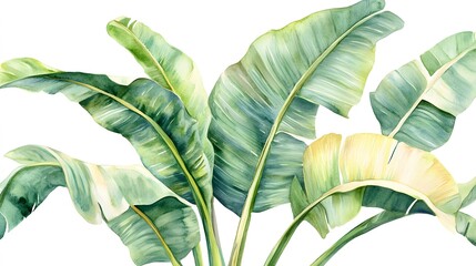 Watercolor painting depicts lush green banana leaves on white background