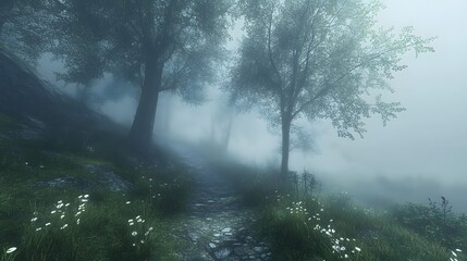 Naklejka premium Dreamlike a foggy forest path with soft light filtering through trees creating an enchanting mystical atmosphere
