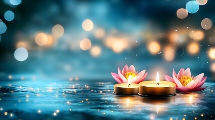 A serene scene featuring candles and pink lotus flowers floating on water, illuminated by soft, dreamy lights in a tranquil atmosphere.