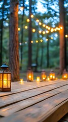A serene outdoor setting with glowing lanterns and string lights illuminating a wooden table amidst tall trees.