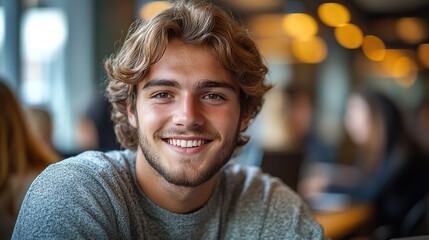 A confident young man smiling while working at a computer in a modern collaborative office setting, with a positive and engaging work atmosphere and colleagues in the background.