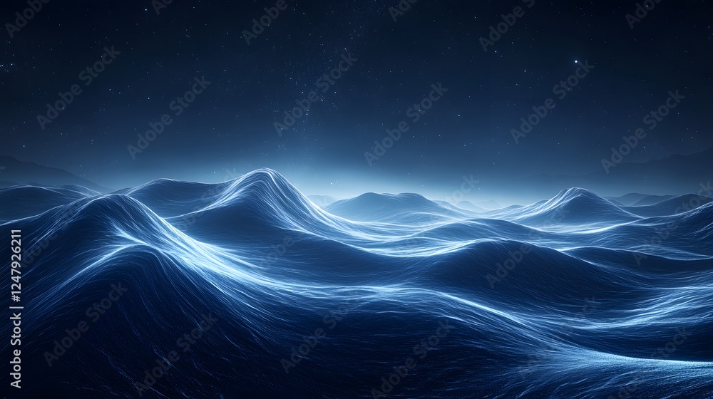 Poster dimensional waves ripple through space illuminated dark blue ocean with waves and stars creating a m