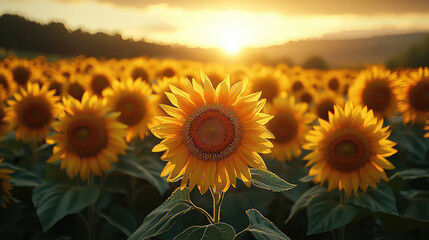 Obraz premium Vibrant sunflowers bask in golden sunset light. A field of sunflowers stretches to the horizon.